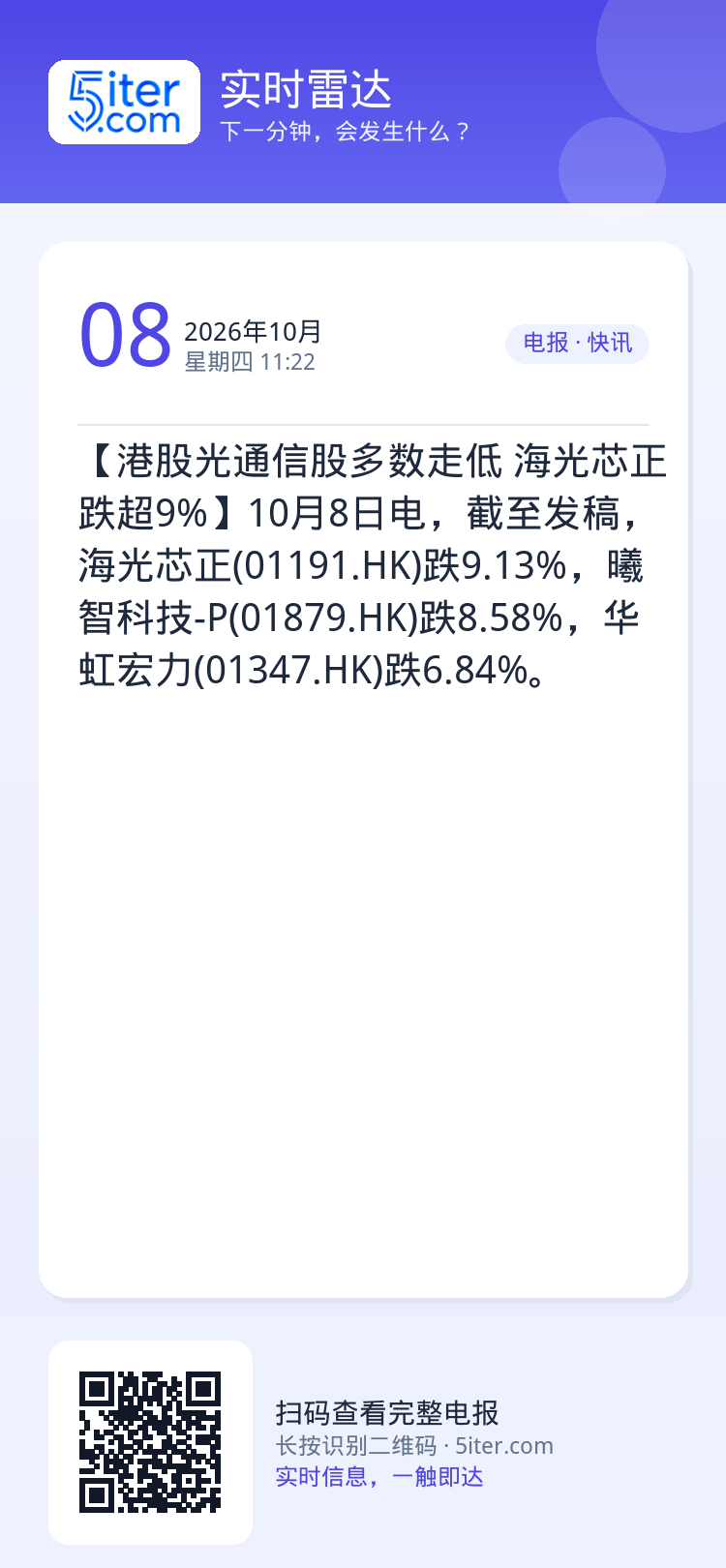 【港股光通信股多数走低 海光芯正跌超9%】10月8日电，截至发稿，海光芯正(01191.HK)跌9.13%，曦智科技-P