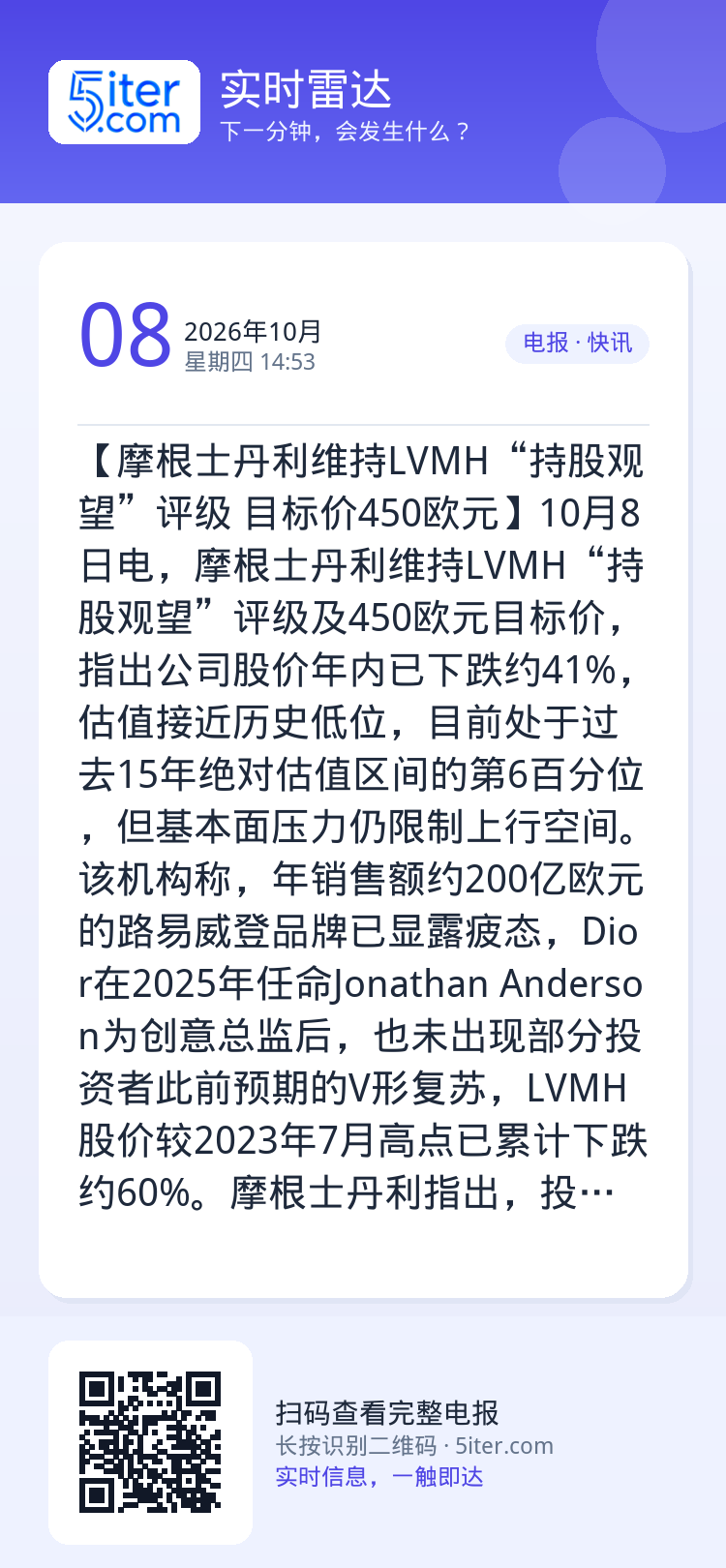 【摩根士丹利维持LVMH“持股观望”评级 目标价450欧元】10月8日电，摩根士丹利维持LVMH“持股观望”评级及450