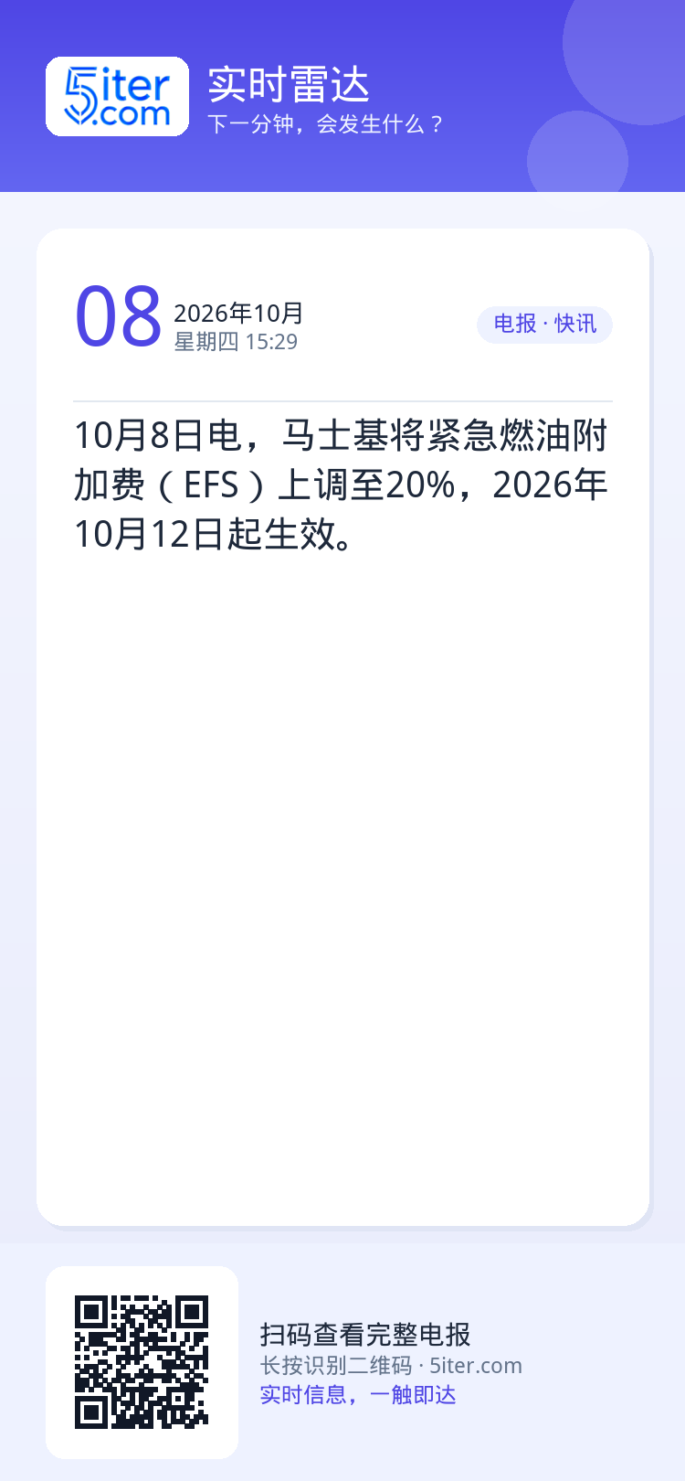 10月8日电，马士基将紧急燃油附加费（EFS）上调至20%，2026年10月12日起生效。