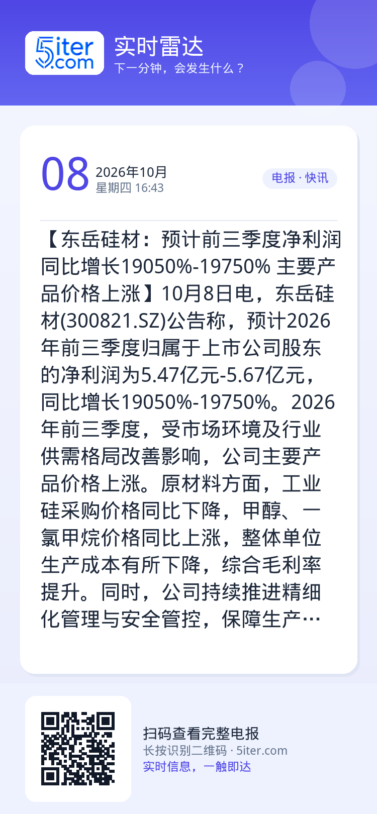 【东岳硅材：预计前三季度净利润同比增长19050%-19750% 主要产品价格上涨】10月8日电，东岳硅材(300821