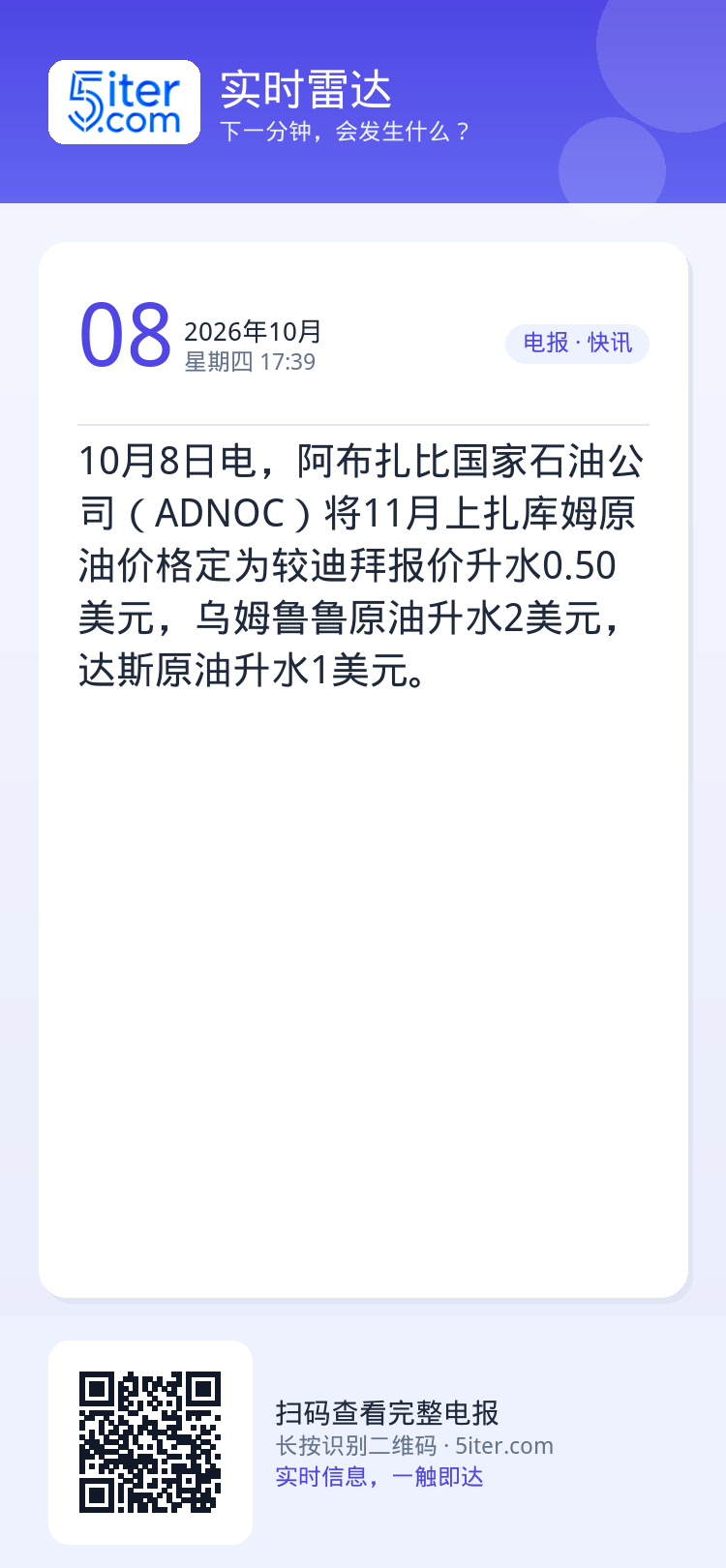10月8日电，阿布扎比国家石油公司（ADNOC）将11月上扎库姆原油价格定为较迪拜报价升水0.50美元，乌姆鲁鲁原油升水