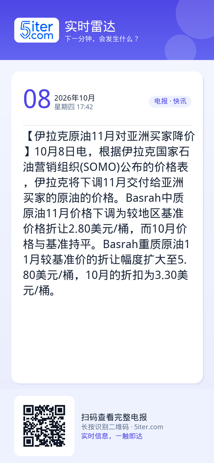 【伊拉克原油11月对亚洲买家降价】10月8日电，根据伊拉克国家石油营销组织(SOMO)公布的价格表，伊拉克将下调11月交