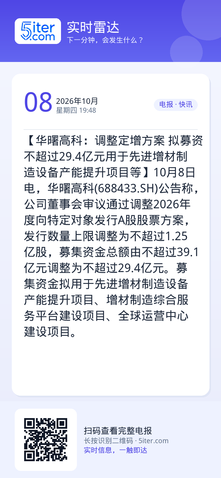 【华曙高科：调整定增方案 拟募资不超过29.4亿元用于先进增材制造设备产能提升项目等】10月8日电，华曙高科(68843