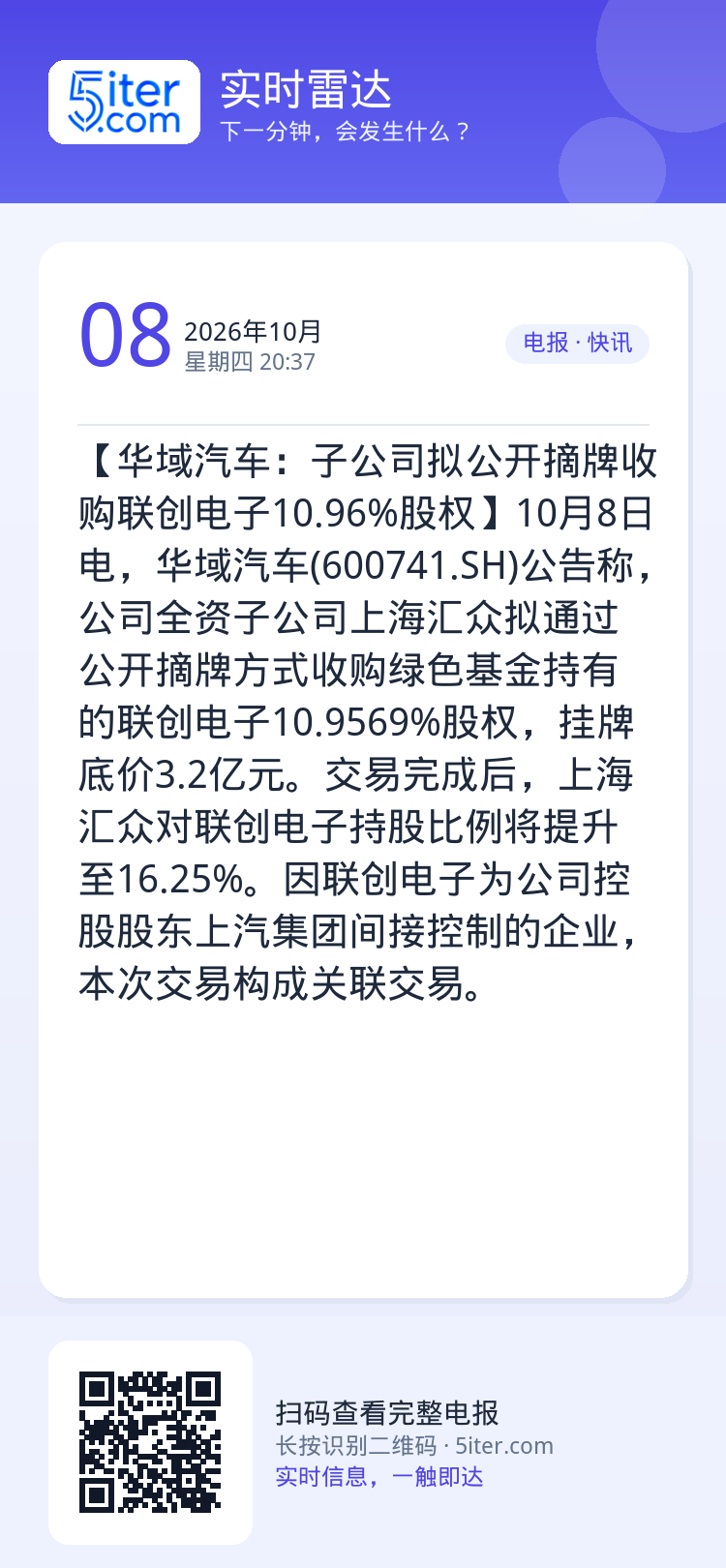 【华域汽车：子公司拟公开摘牌收购联创电子10.96%股权】10月8日电，华域汽车(600741.SH)公告称，公司全资子