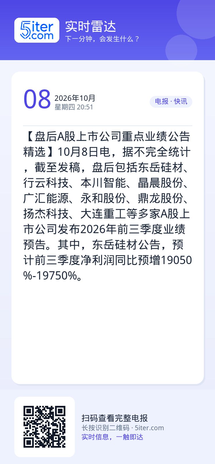 【盘后A股上市公司重点业绩公告精选】10月8日电，据不完全统计，截至发稿，盘后包括东岳硅材、行云科技、本川智能、晶晨股份