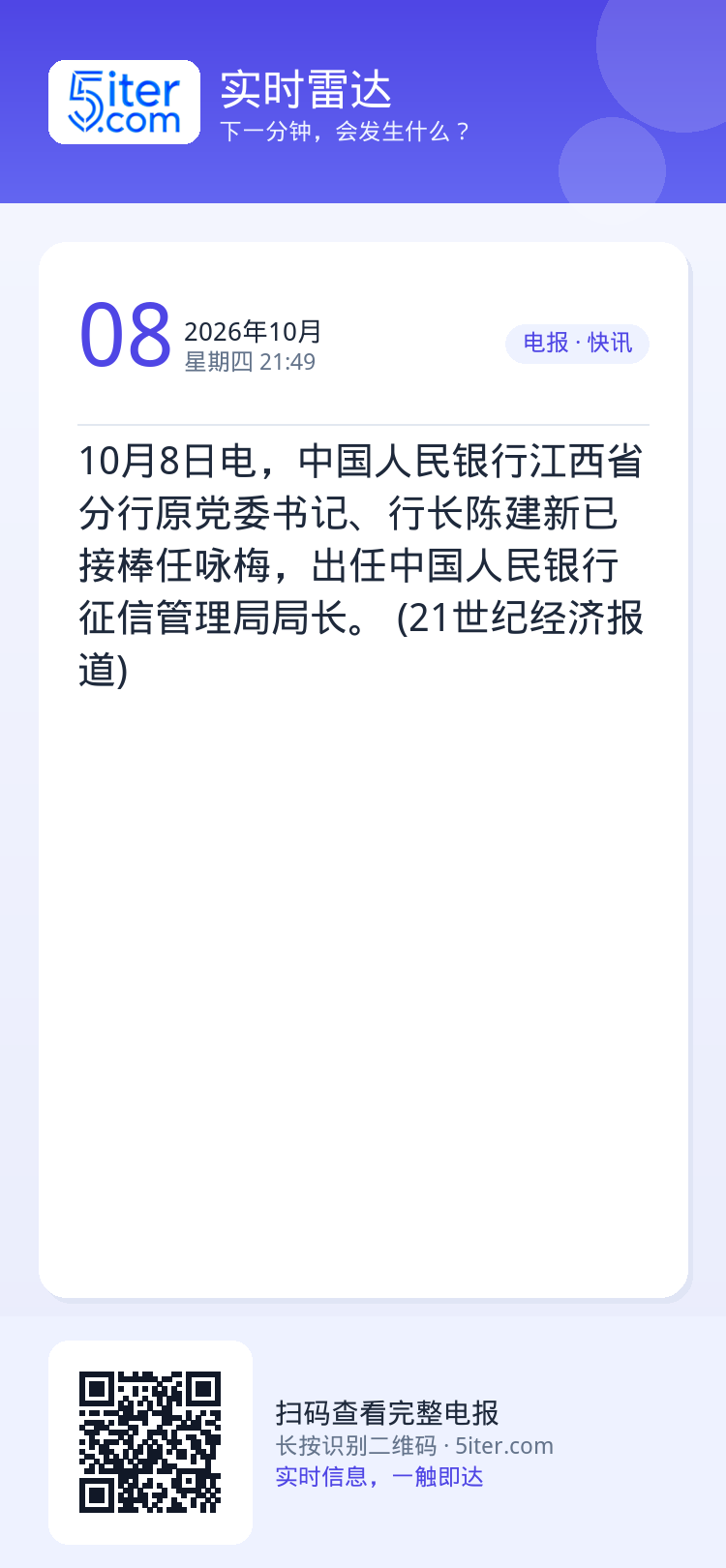 10月8日电，中国人民银行江西省分行原党委书记、行长陈建新已接棒任咏梅，出任中国人民银行征信管理局局长。 (21世纪经济
