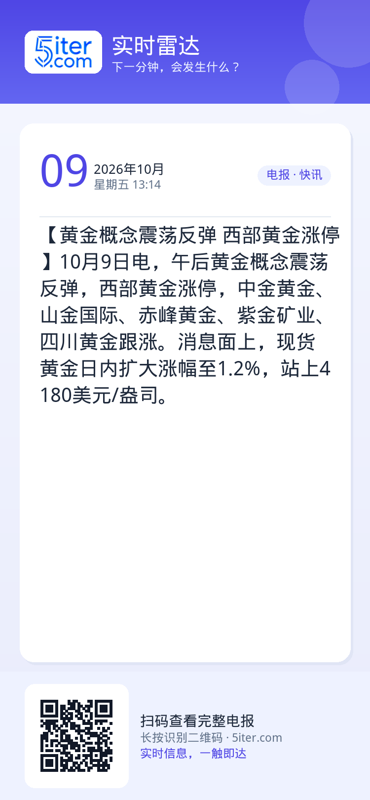 【黄金概念震荡反弹 西部黄金涨停】10月9日电，午后黄金概念震荡反弹，西部黄金涨停，中金黄金、山金国际、赤峰黄金、紫金矿