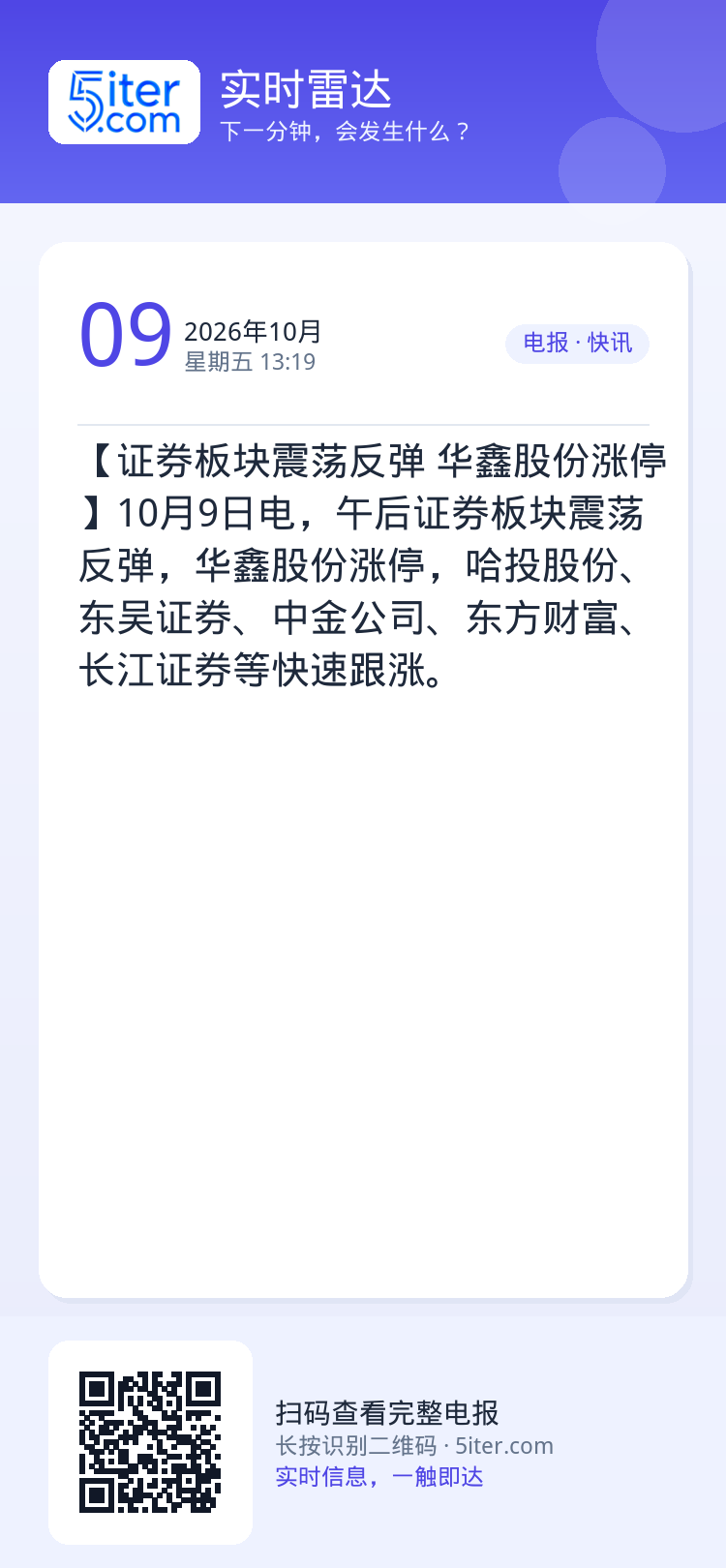 【证券板块震荡反弹 华鑫股份涨停】10月9日电，午后证券板块震荡反弹，华鑫股份涨停，哈投股份、东吴证券、中金公司、东方财