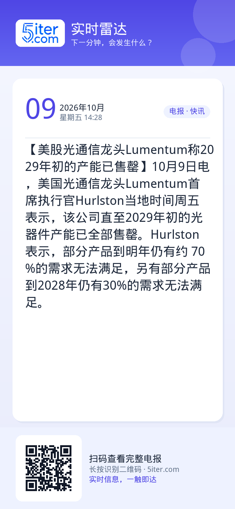 【美股光通信龙头Lumentum称2029年初的产能已售罄】10月9日电，美国光通信龙头Lumentum首席执行官Hur