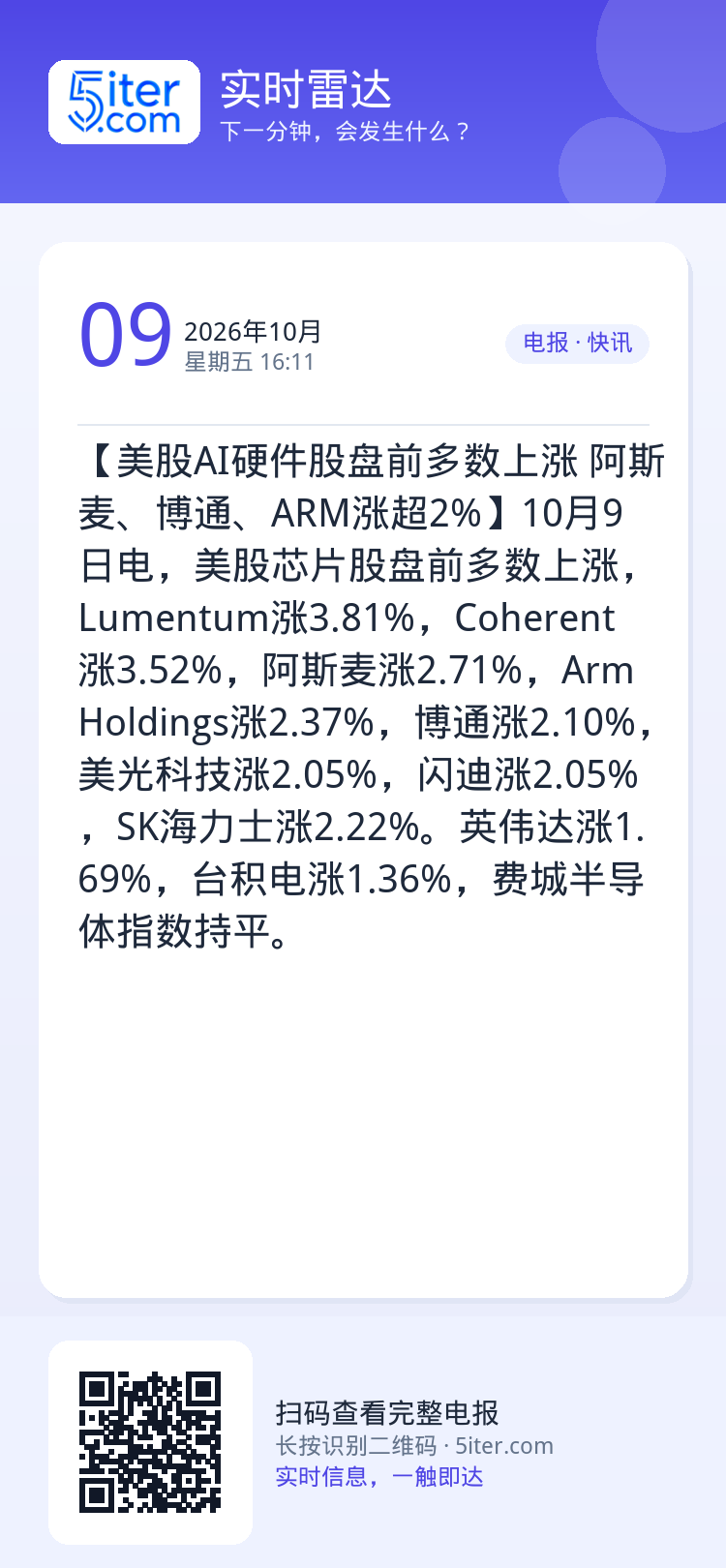 【美股AI硬件股盘前多数上涨 阿斯麦、博通、ARM涨超2%】10月9日电，美股芯片股盘前多数上涨，Lumentum涨3.