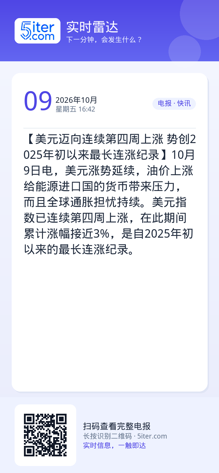 【美元迈向连续第四周上涨 势创2025年初以来最长连涨纪录】10月9日电，美元涨势延续，油价上涨给能源进口国的货币带来压