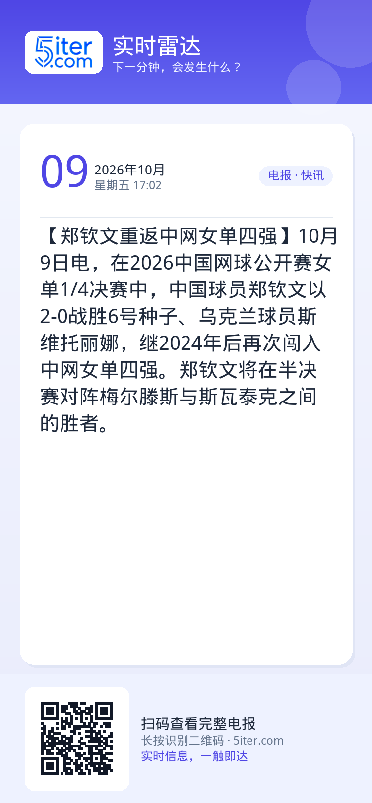 【郑钦文重返中网女单四强】10月9日电，在2026中国网球公开赛女单1/4决赛中，中国球员郑钦文以2-0战胜6号种子、乌