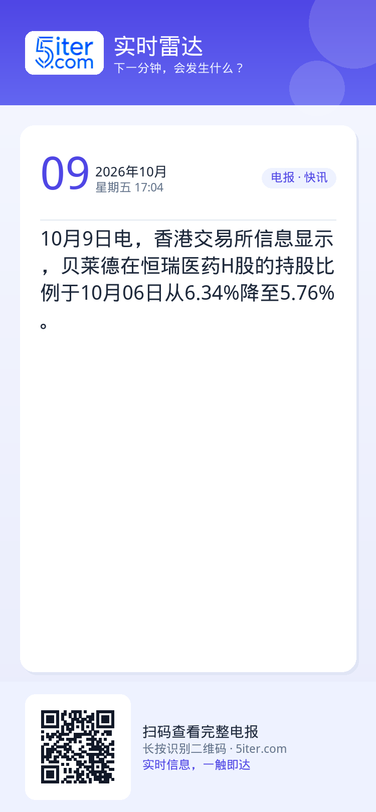 10月9日电，香港交易所信息显示，贝莱德在恒瑞医药H股的持股比例于10月06日从6.34%降至5.76%。
