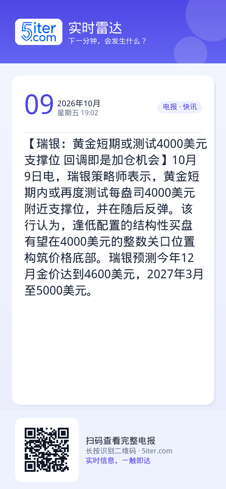 【瑞银：黄金短期或测试4000美元支撑位 回调即是加仓机会】10月9日电，瑞银策略师表示，黄金短期内或再度测试每盎司40