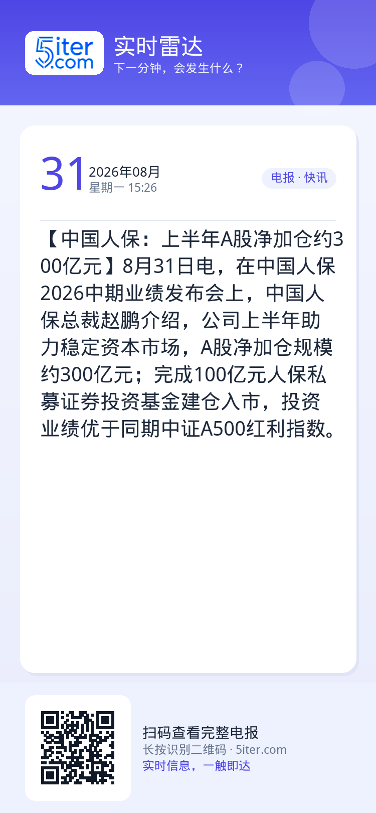 【中国人保：上半年A股净加仓约300亿元】8月31日电，在中国人保2026中期业绩发布会上，中国人保总裁赵鹏介绍，公司上