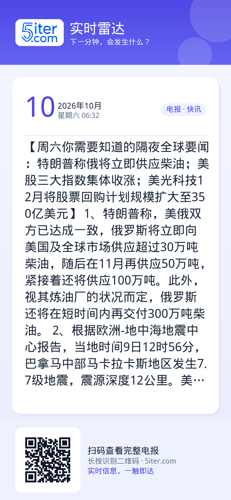 【周六你需要知道的隔夜全球要闻：特朗普称俄将立即供应柴油；美股三大指数集体收涨；美光科技12月将股票回购计划规模扩大至3