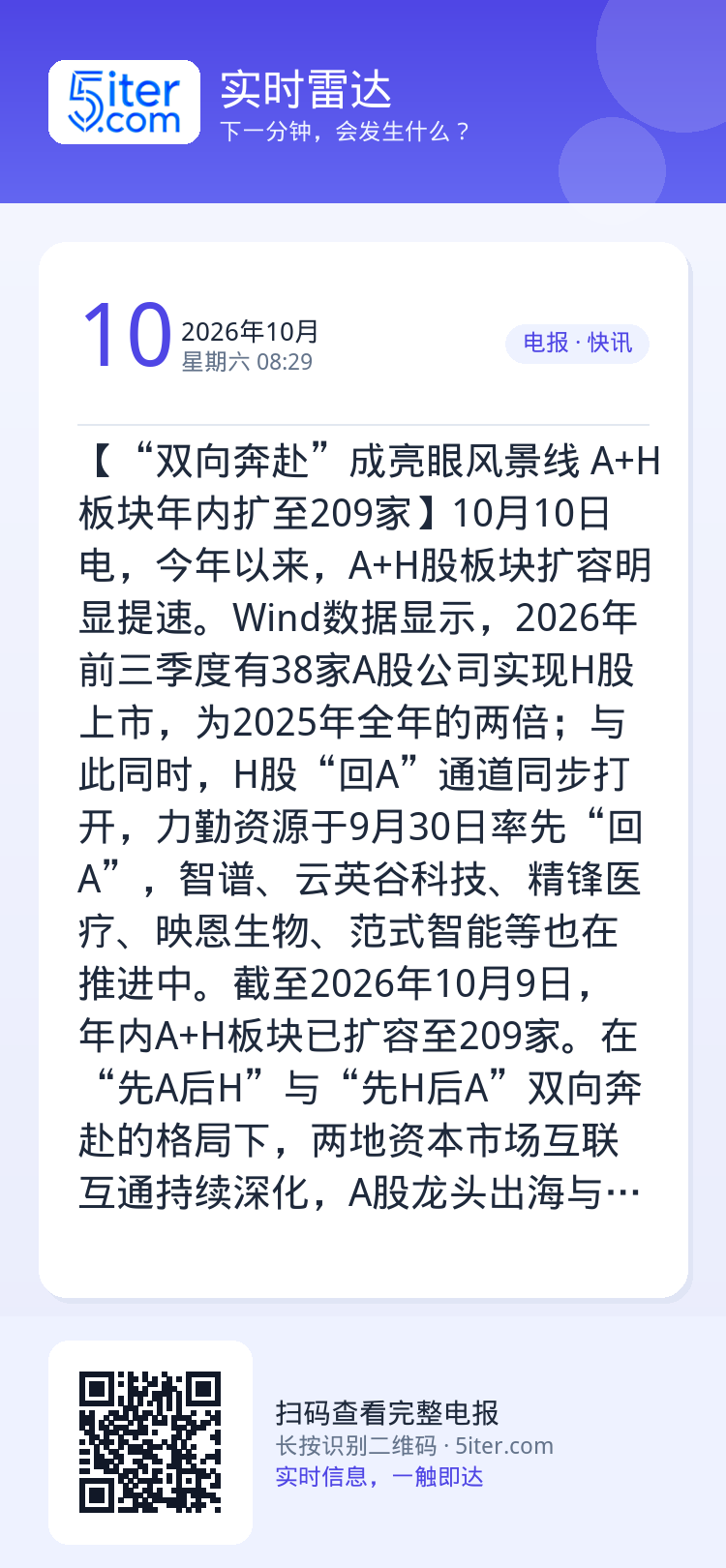 【“双向奔赴”成亮眼风景线 A+H板块年内扩至209家】10月10日电，今年以来，A+H股板块扩容明显提速。Wind数据
