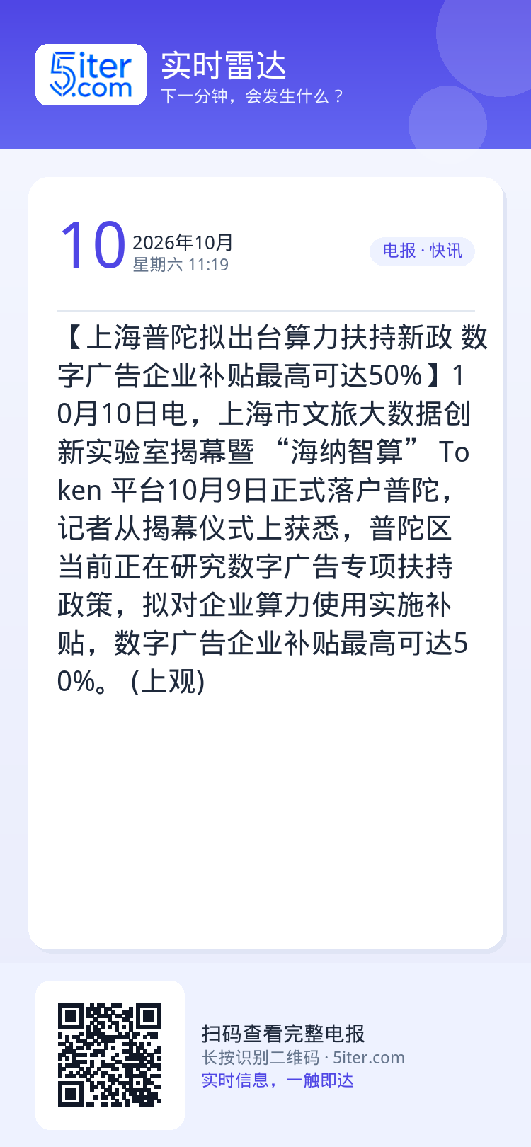 【上海普陀拟出台算力扶持新政 数字广告企业补贴最高可达50%】10月10日电，上海市文旅大数据创新实验室揭幕暨 “海纳智
