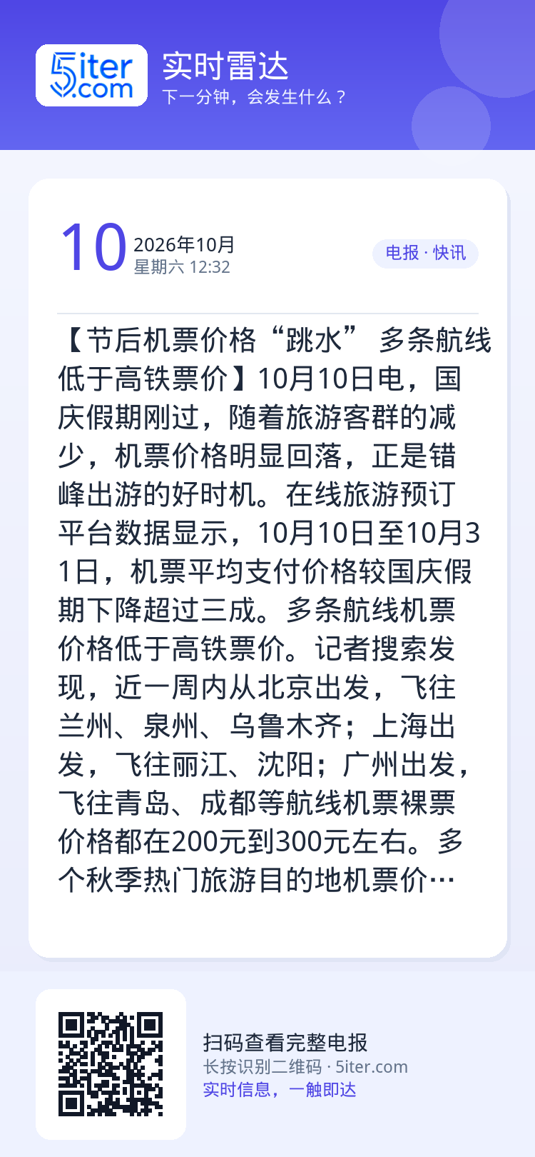【节后机票价格“跳水” 多条航线低于高铁票价】10月10日电，国庆假期刚过，随着旅游客群的减少，机票价格明显回落，正是错