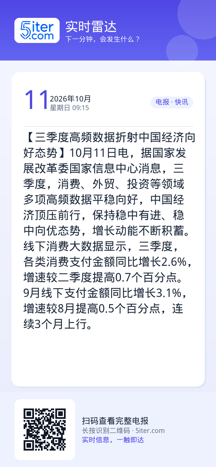 【三季度高频数据折射中国经济向好态势】10月11日电，据国家发展改革委国家信息中心消息，三季度，消费、外贸、投资等领域多