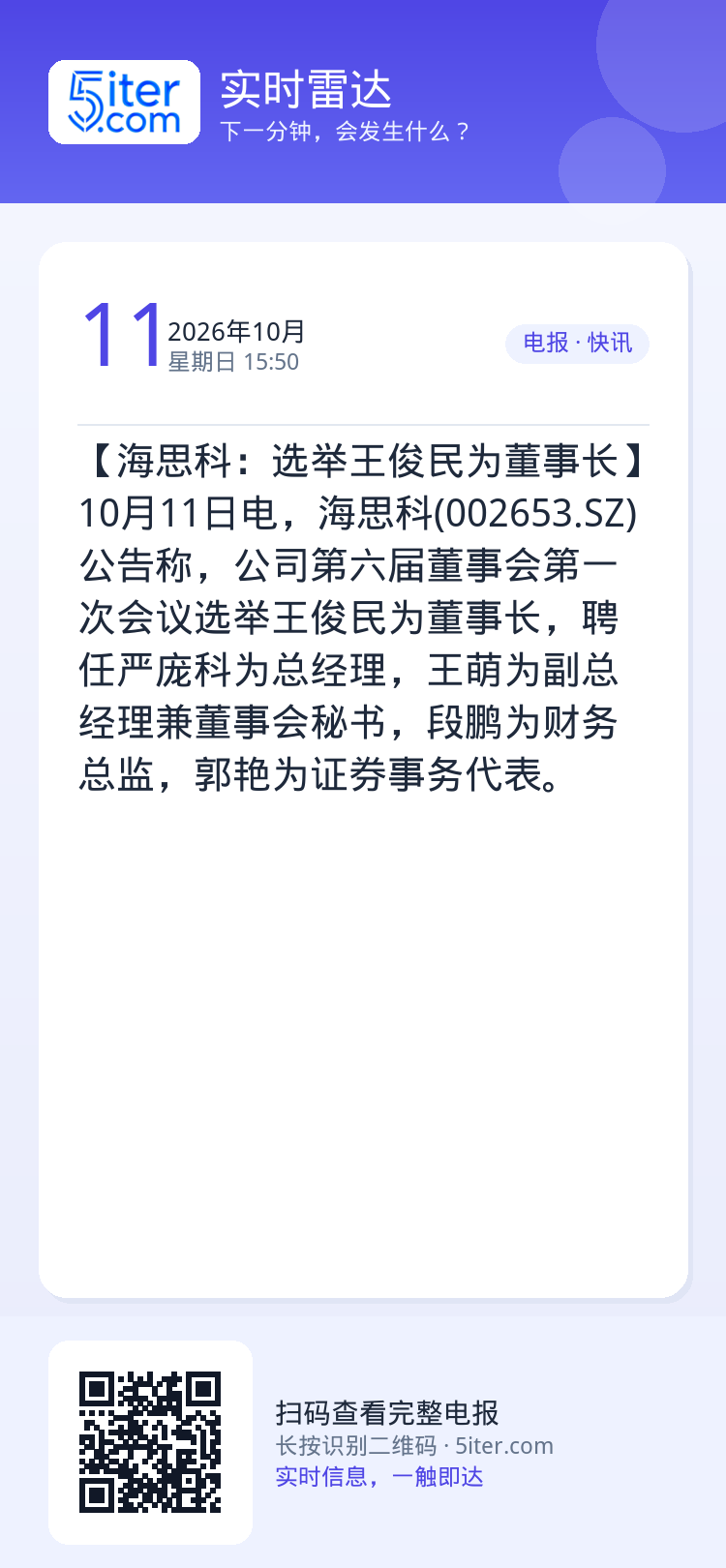 【海思科：选举王俊民为董事长】10月11日电，海思科(002653.SZ)公告称，公司第六届董事会第一次会议选举王俊民为