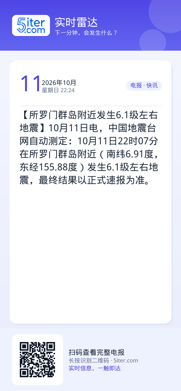 【所罗门群岛附近发生6.1级左右地震】10月11日电，中国地震台网自动测定：10月11日22时07分在所罗门群岛附近（南