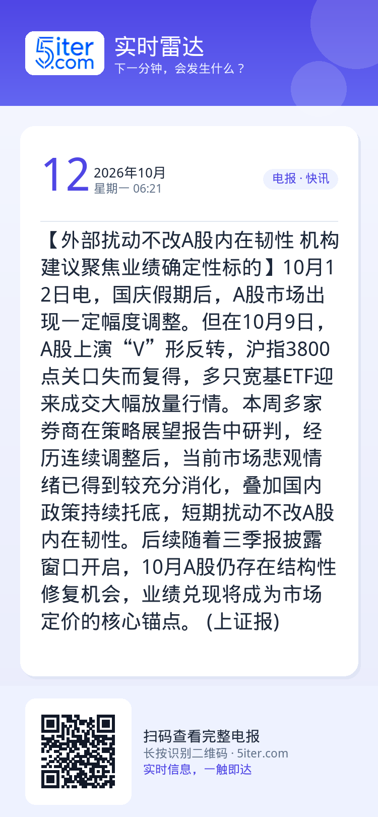 【外部扰动不改A股内在韧性 机构建议聚焦业绩确定性标的】10月12日电，国庆假期后，A股市场出现一定幅度调整。但在10月