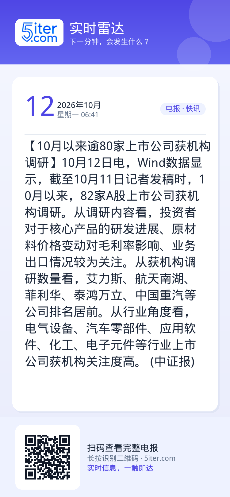 【10月以来逾80家上市公司获机构调研】10月12日电，Wind数据显示，截至10月11日记者发稿时，10月以来，82家
