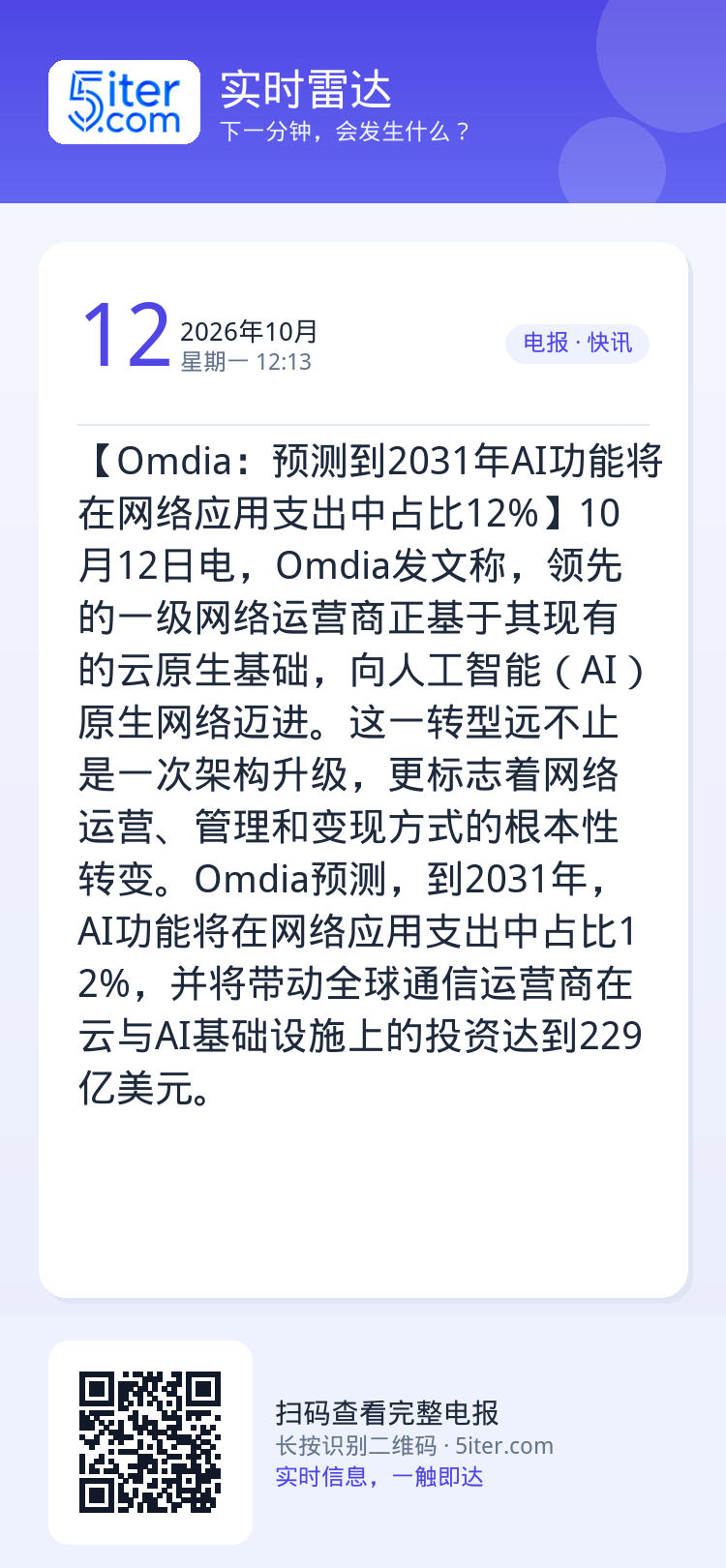【Omdia：预测到2031年AI功能将在网络应用支出中占比12%】10月12日电，Omdia发文称，领先的一级网络运营