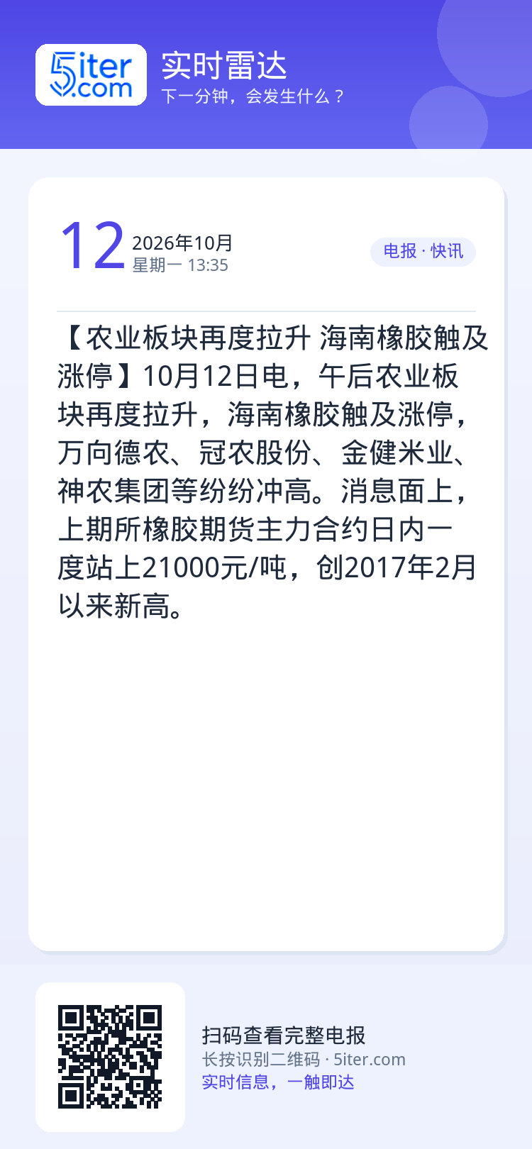 【农业板块再度拉升 海南橡胶触及涨停】10月12日电，午后农业板块再度拉升，海南橡胶触及涨停，万向德农、冠农股份、金健米