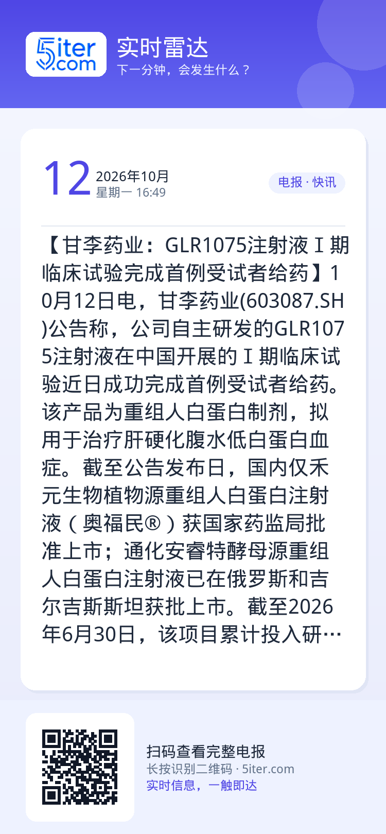 【甘李药业：GLR1075注射液Ⅰ期临床试验完成首例受试者给药】10月12日电，甘李药业(603087.SH)公告称，公