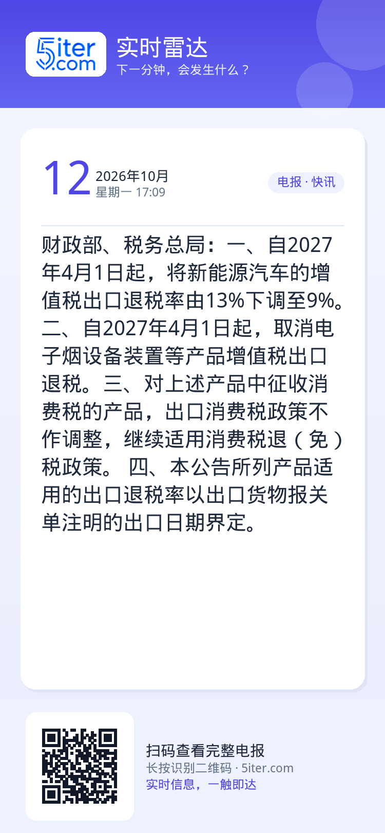 财政部、税务总局：一、自2027年4月1日起，将新能源汽车的增值税出口退税率由13%下调至9%。二、自2027年4月1日