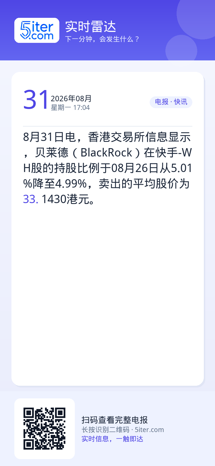 8月31日电，香港交易所信息显示，贝莱德（BlackRock）在快手-WH股的持股比例于08月26日从5.01%降至4.