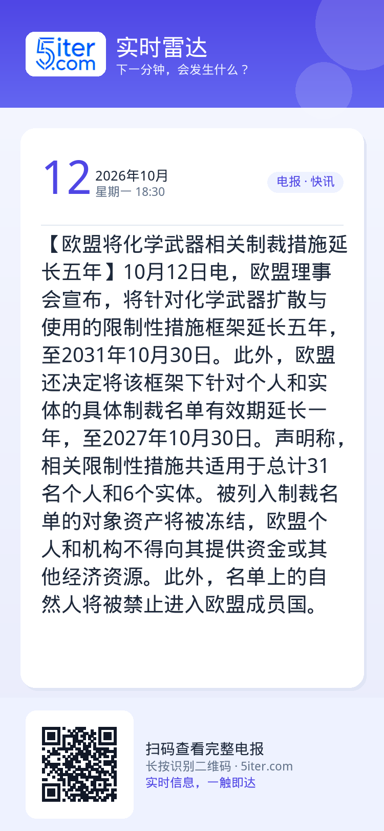 【欧盟将化学武器相关制裁措施延长五年】10月12日电，欧盟理事会宣布，将针对化学武器扩散与使用的限制性措施框架延长五年，