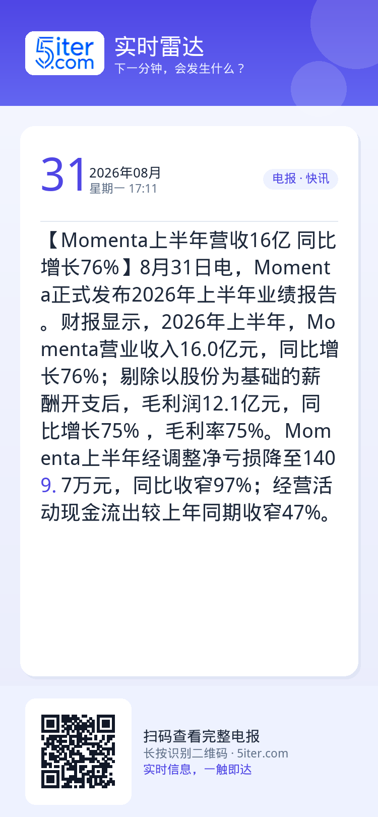 【Momenta上半年营收16亿 同比增长76%】8月31日电，Momenta正式发布2026年上半年业绩报告。财报显示
