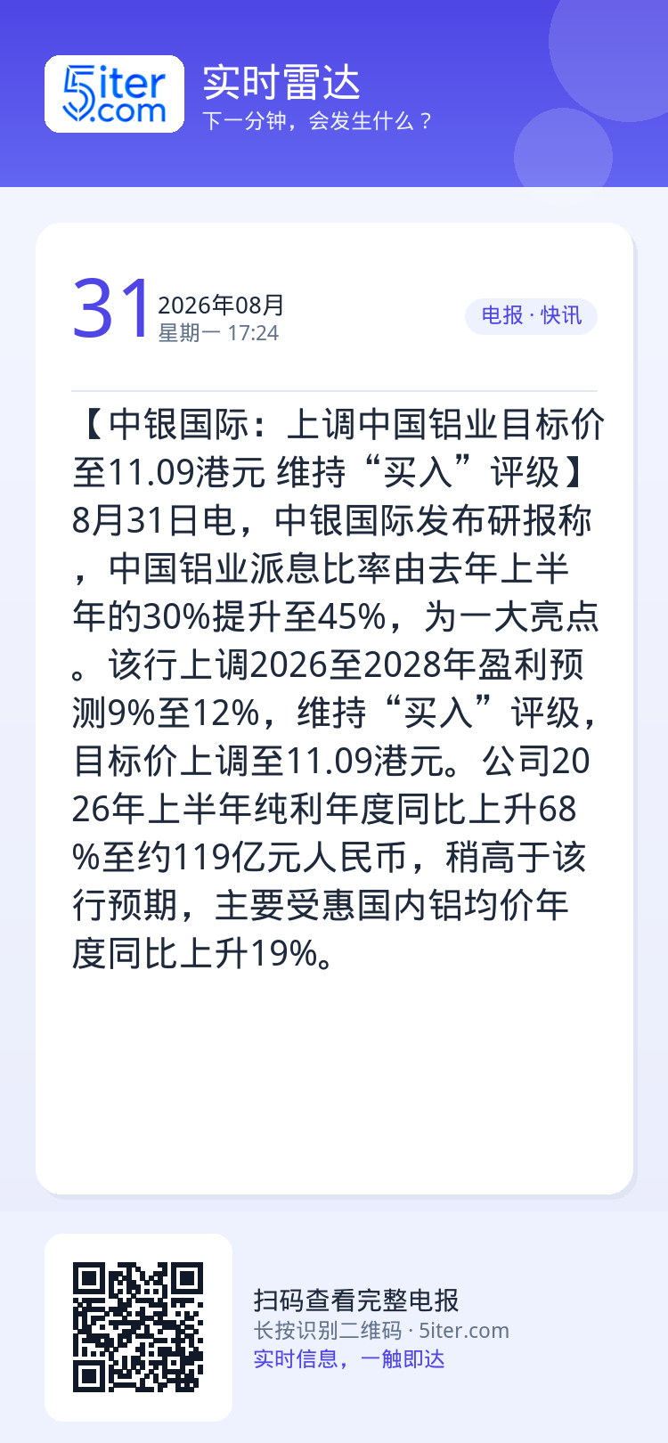 【中银国际：上调中国铝业目标价至11.09港元 维持“买入”评级】8月31日电，中银国际发布研报称，中国铝业派息比率由去