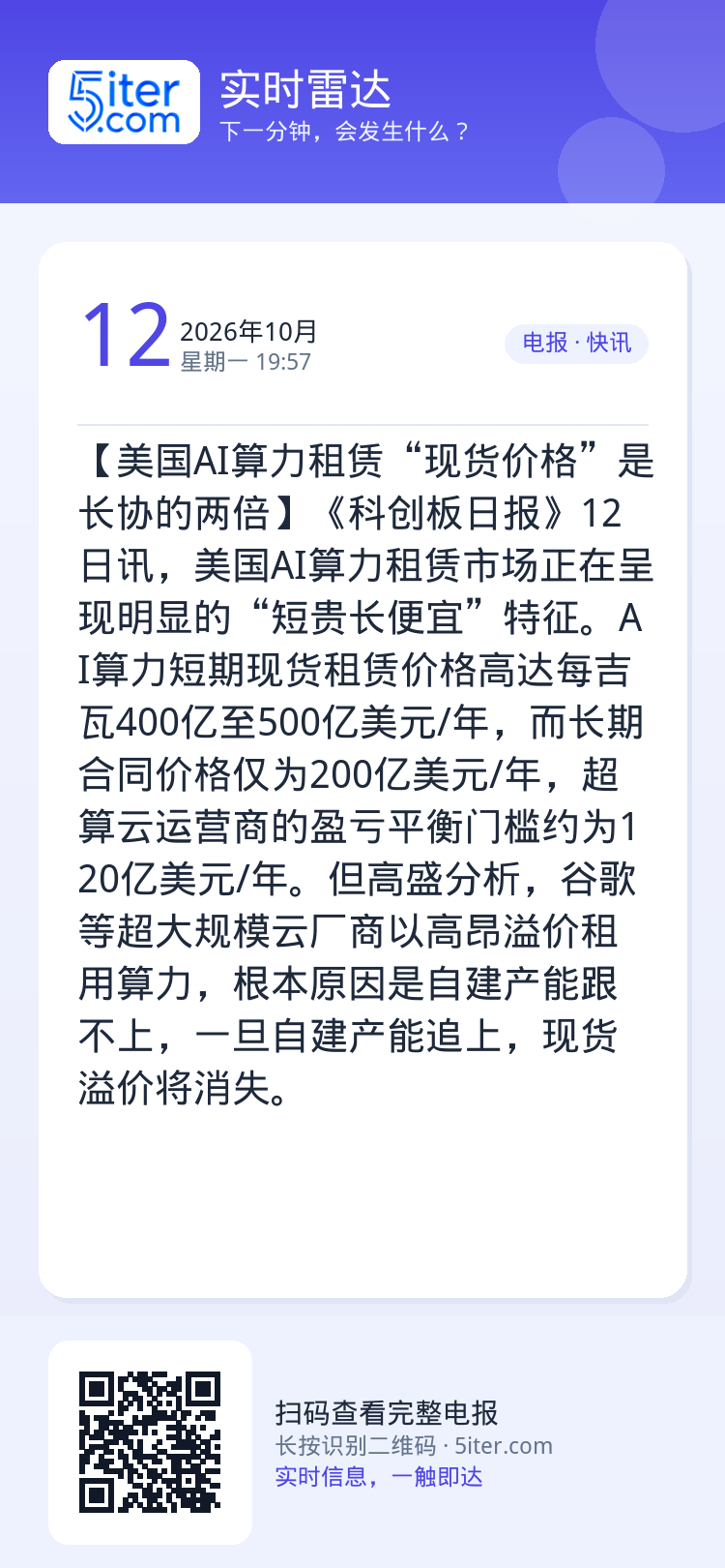 【美国AI算力租赁“现货价格”是长协的两倍】《科创板日报》12日讯，美国AI算力租赁市场正在呈现明显的“短贵长便宜”特征