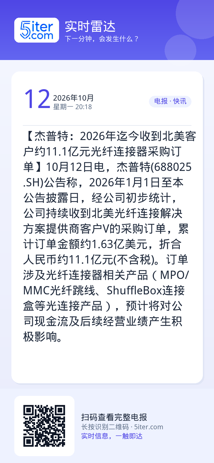 【杰普特：2026年迄今收到北美客户约11.1亿元光纤连接器采购订单】10月12日电，杰普特(688025.SH)公告称