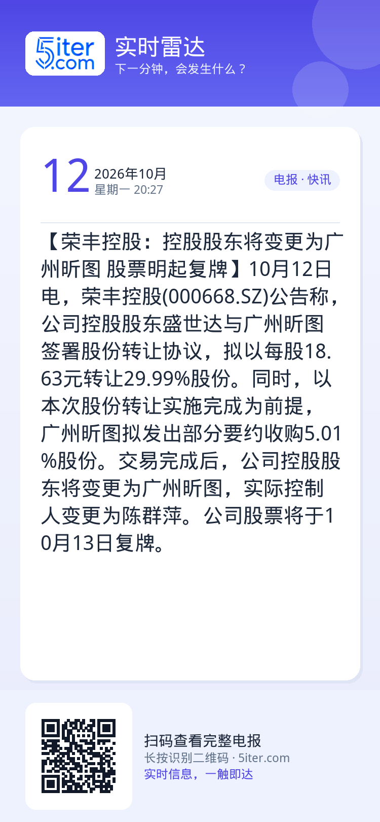 【荣丰控股：控股股东将变更为广州昕图 股票明起复牌】10月12日电，荣丰控股(000668.SZ)公告称，公司控股股东盛