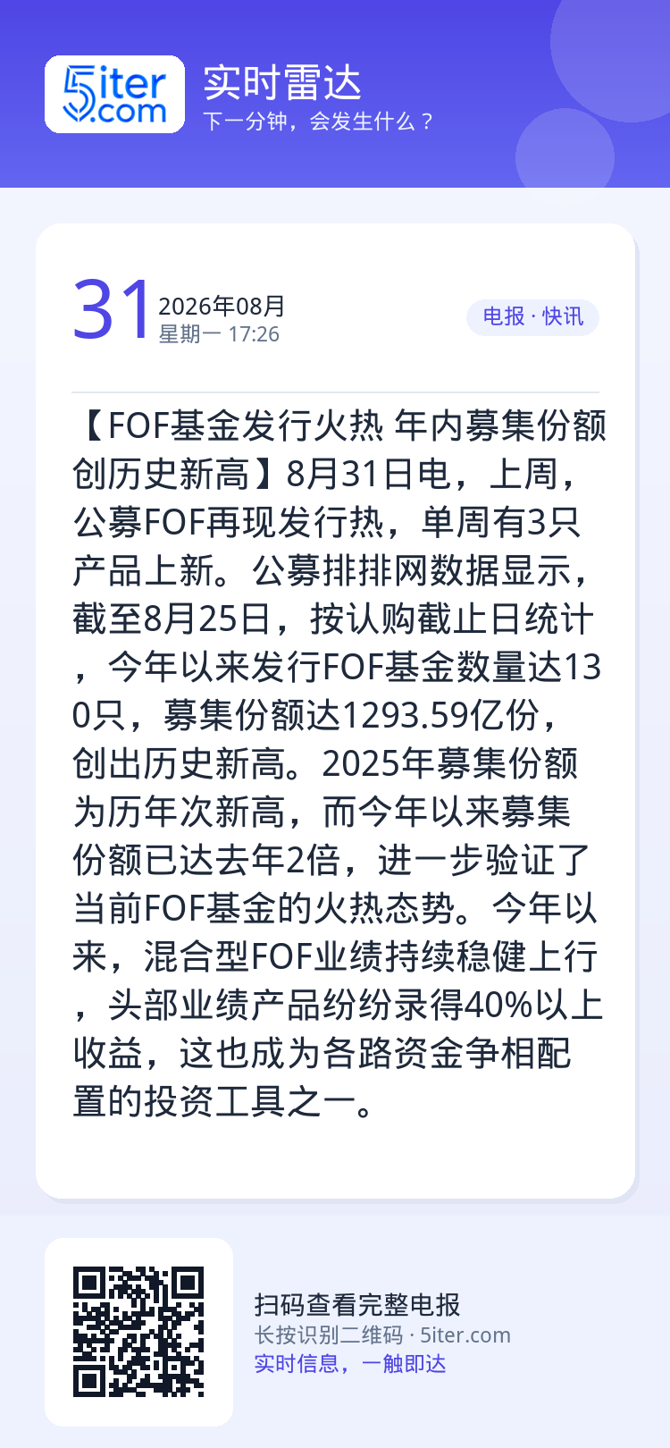 【FOF基金发行火热 年内募集份额创历史新高】8月31日电，上周，公募FOF再现发行热，单周有3只产品上新。公募排排网数