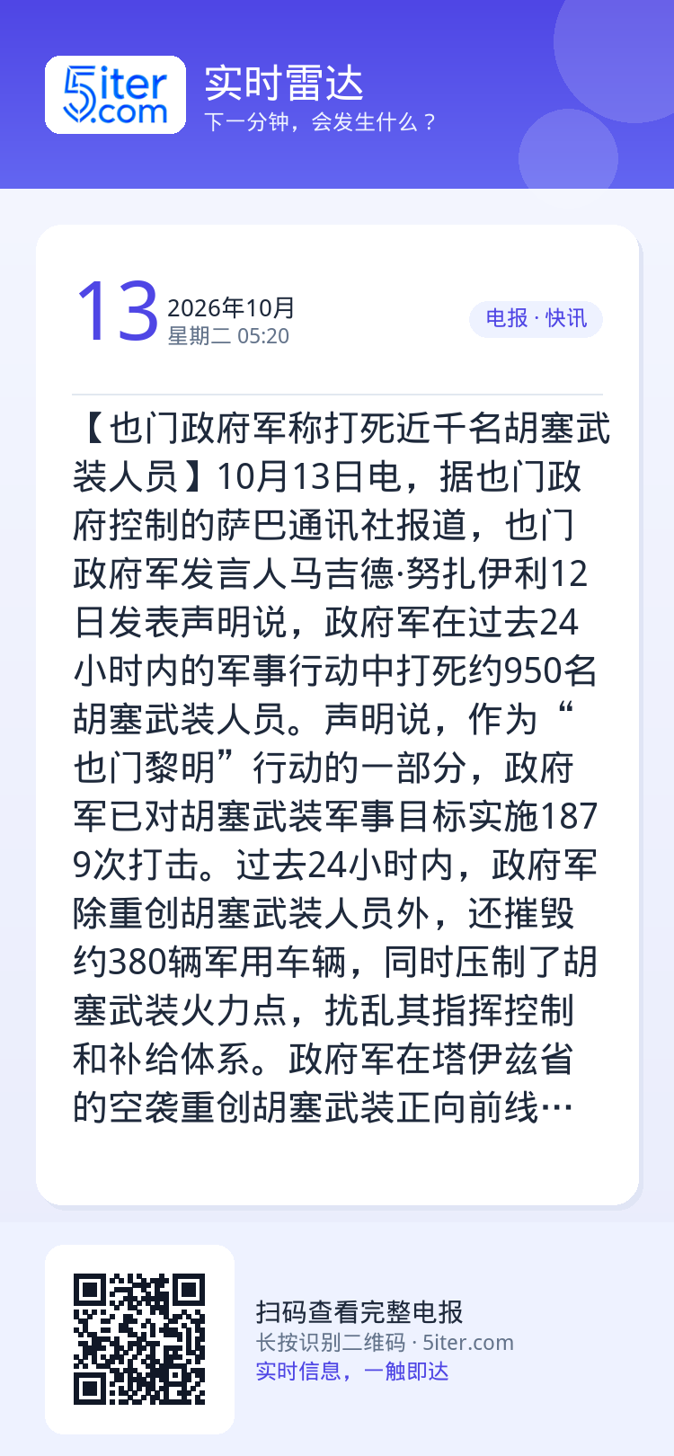 【也门政府军称打死近千名胡塞武装人员】10月13日电，据也门政府控制的萨巴通讯社报道，也门政府军发言人马吉德·努扎伊利1