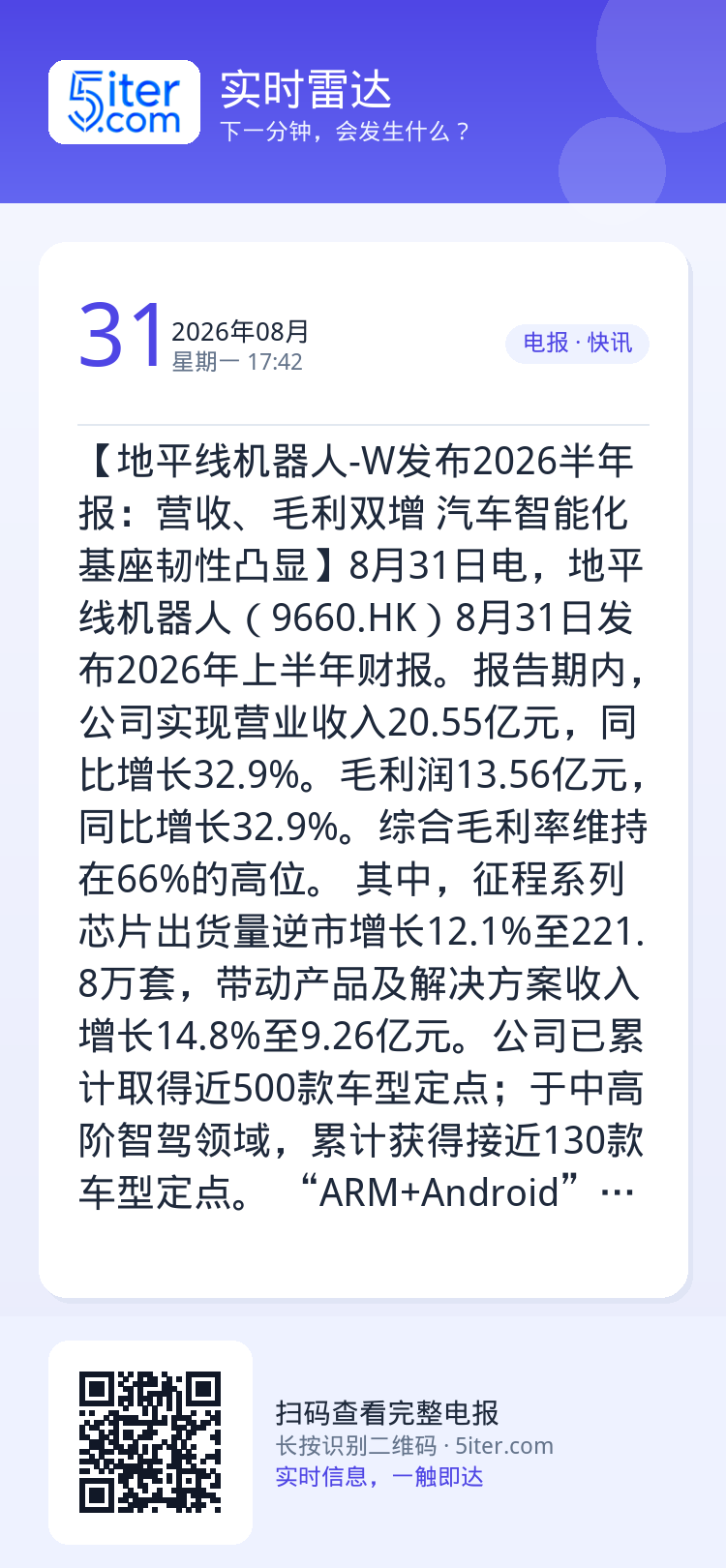 【地平线机器人-W发布2026半年报：营收、毛利双增 汽车智能化基座韧性凸显】8月31日电，地平线机器人（9660.HK