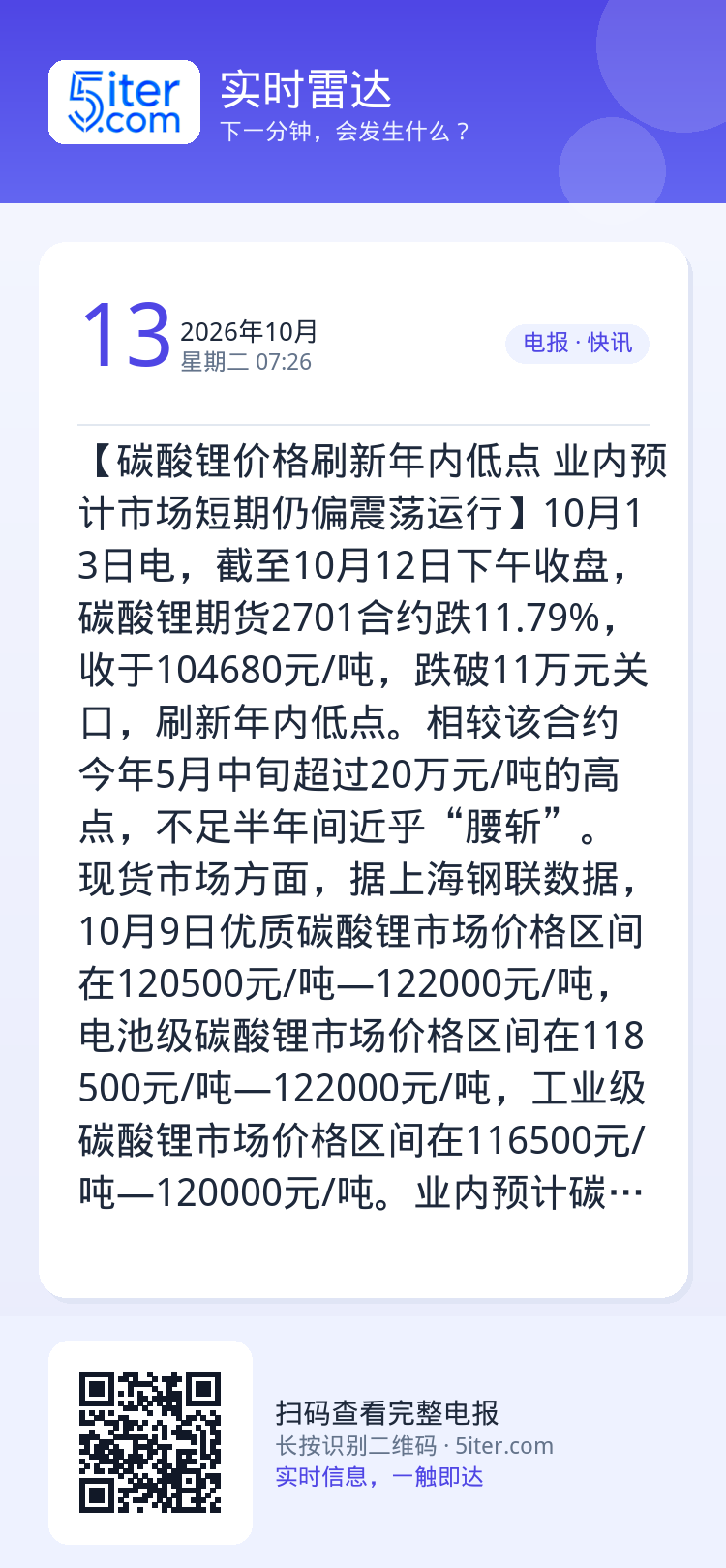 【碳酸锂价格刷新年内低点 业内预计市场短期仍偏震荡运行】10月13日电，截至10月12日下午收盘，碳酸锂期货2701合约