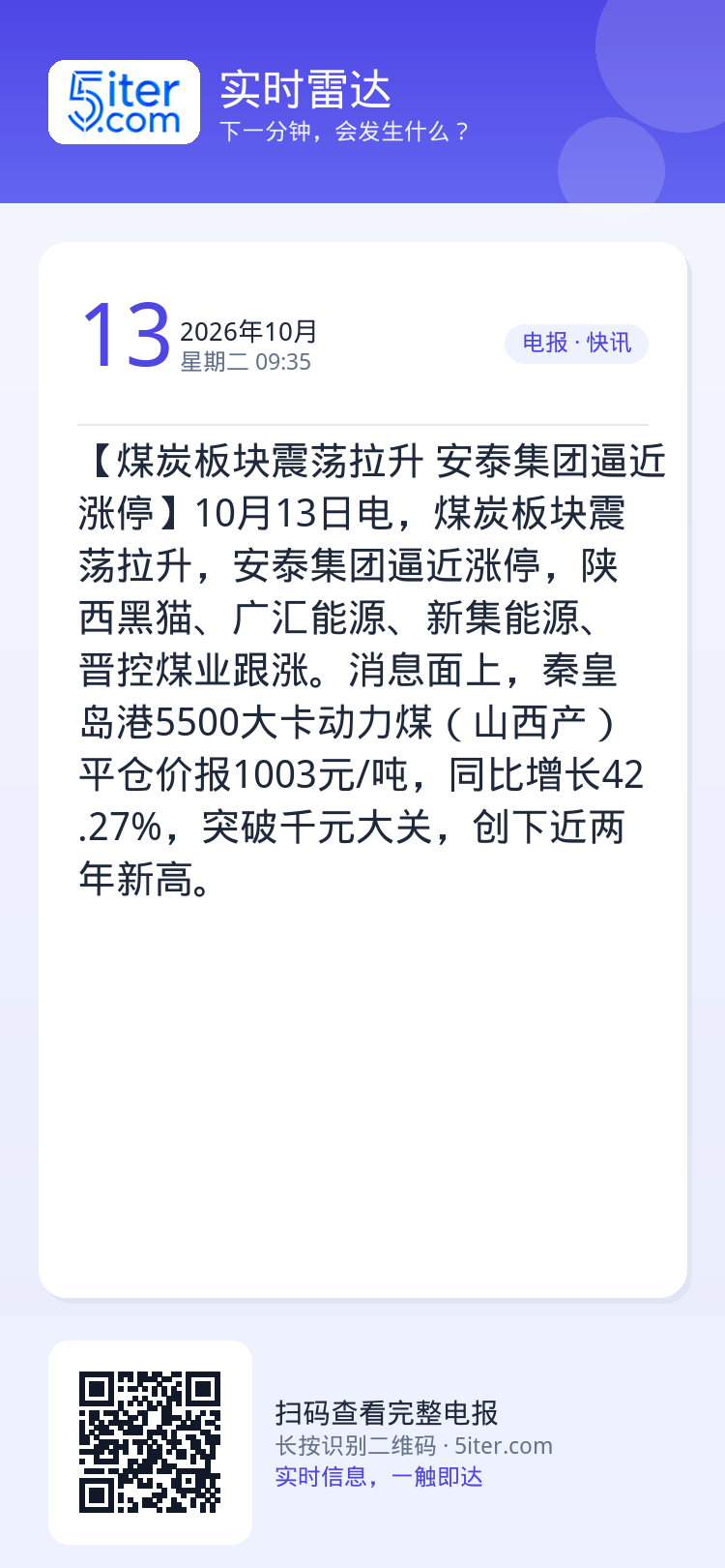 【煤炭板块震荡拉升 安泰集团逼近涨停】10月13日电，煤炭板块震荡拉升，安泰集团逼近涨停，陕西黑猫、广汇能源、新集能源、