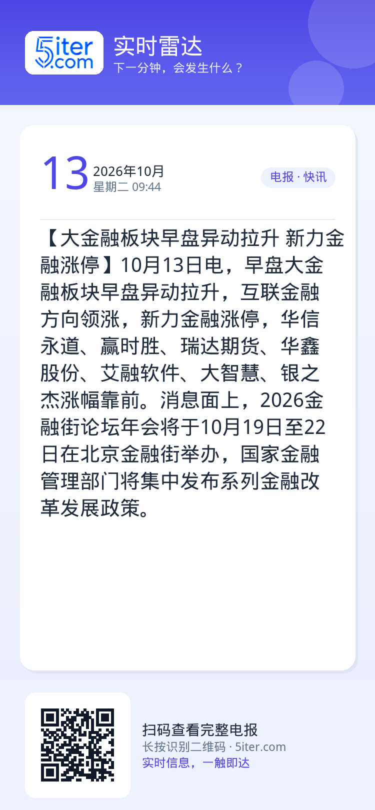 【大金融板块早盘异动拉升 新力金融涨停】10月13日电，早盘大金融板块早盘异动拉升，互联金融方向领涨，新力金融涨停，华信