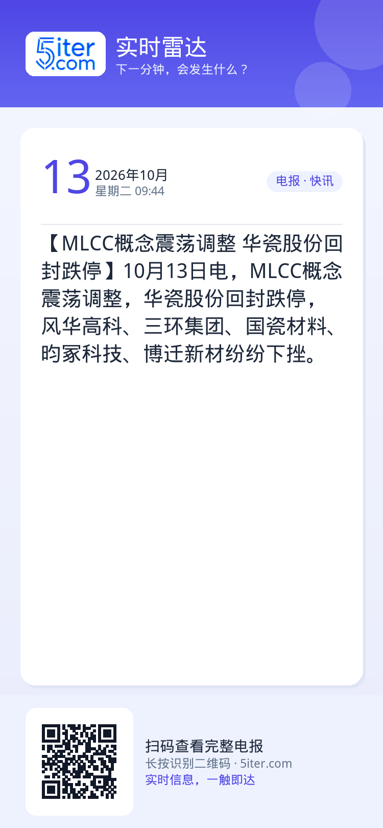 【MLCC概念震荡调整 华瓷股份回封跌停】10月13日电，MLCC概念震荡调整，华瓷股份回封跌停，风华高科、三环集团、国