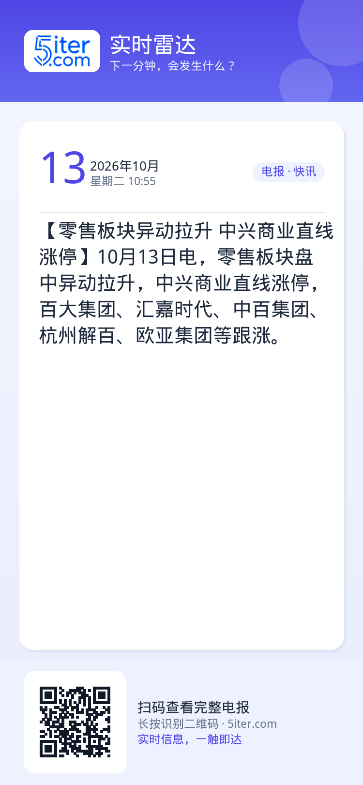 【零售板块异动拉升 中兴商业直线涨停】10月13日电，零售板块盘中异动拉升，中兴商业直线涨停，百大集团、汇嘉时代、中百集