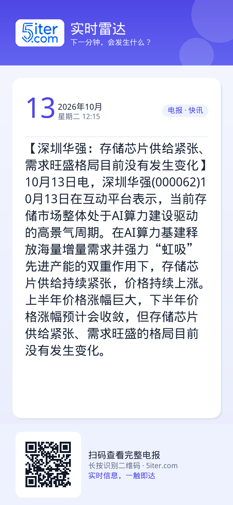 【深圳华强：存储芯片供给紧张、需求旺盛格局目前没有发生变化】10月13日电，深圳华强(000062)10月13日在互动平