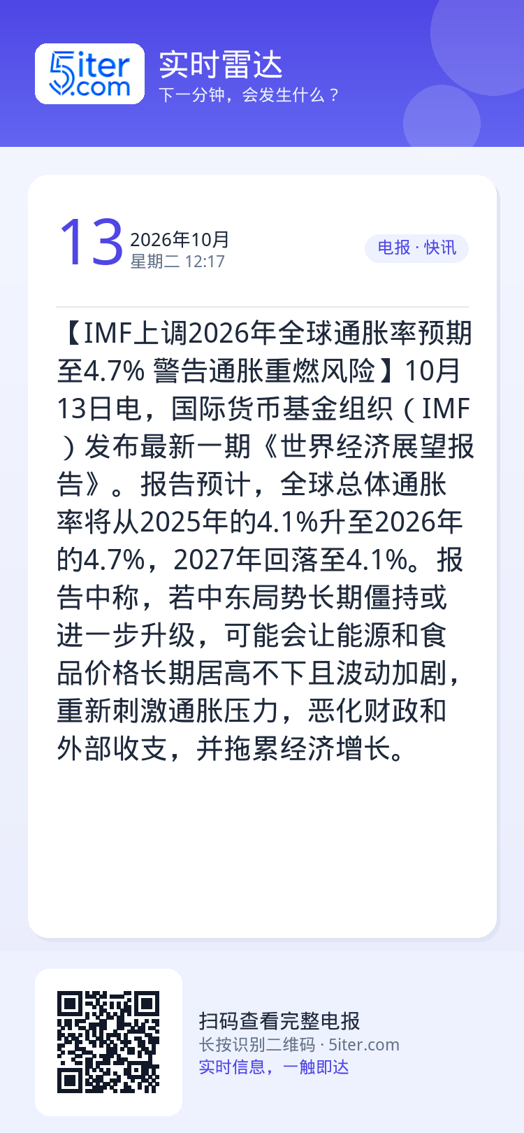 【IMF上调2026年全球通胀率预期至4.7% 警告通胀重燃风险】10月13日电，国际货币基金组织（IMF）发布最新一期