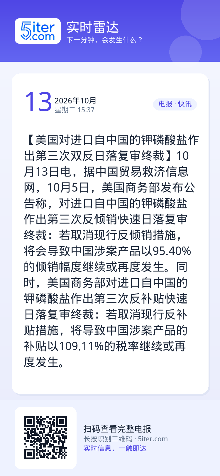 【美国对进口自中国的钾磷酸盐作出第三次双反日落复审终裁】10月13日电，据中国贸易救济信息网，10月5日，美国商务部发布